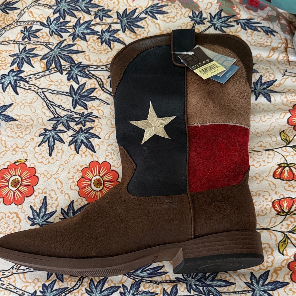 Roper Kids Brown Red Blue Flag Star Cowboy Boots